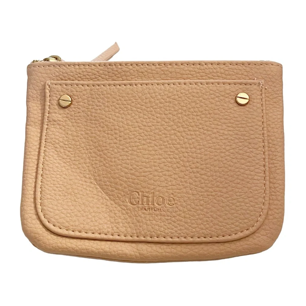Chloe Parfumes Pink Pebbled Leather Small Clutch Bag Zipper Pouch Gold Hardware
